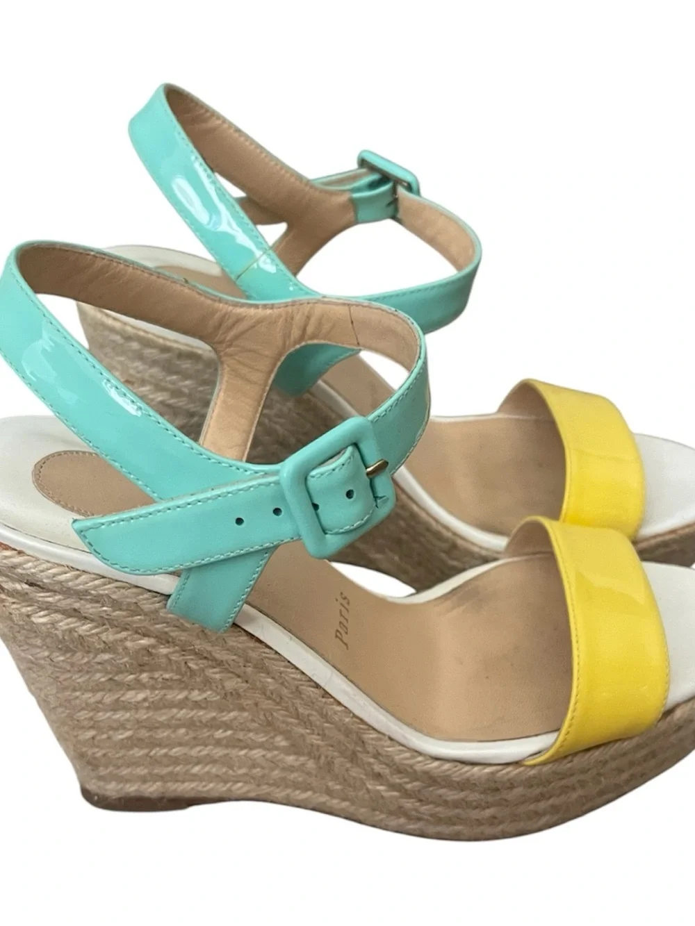 Christian Louboutin Turquoise Yellow Patent Espadrille Wedge Sandals 38 $325